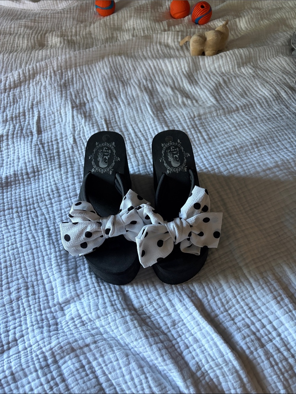 Black Sandals with White Polka Dot Bow - Women's Slide Sandals